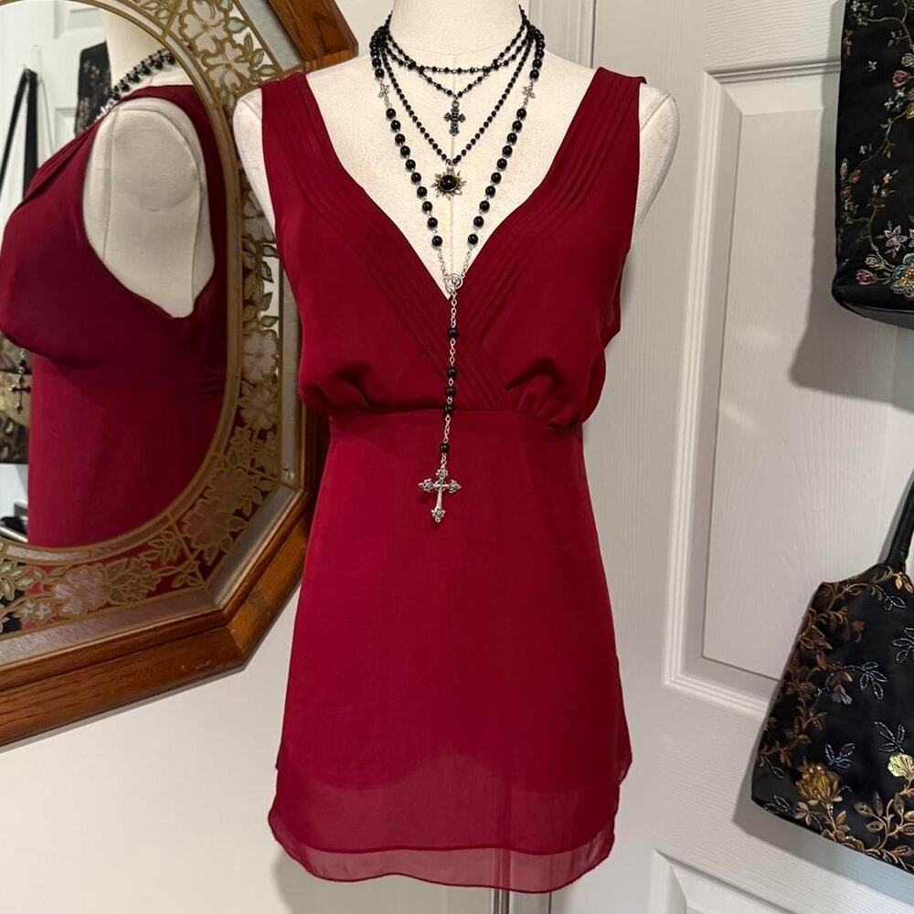 Y2K The Limited Dark Red Silk Sleeveless V Neck Whimsy Vampy Top w Waist Ties L